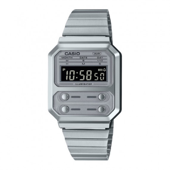 CASIO A100WE-7B Reloj Digital Unisex - Acero Plateado Estilo Retro - Botones Frontales y Luz Led