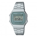 CASIO A168WA-3AY Reloj Digital Unisex Retro – Pulsera Metálica, Carátula Verde, Luz, Cronómetro, Wr