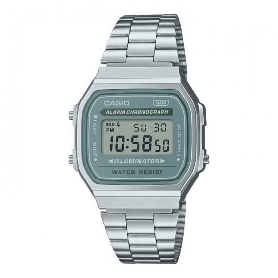 CASIO A168WA-3AY Reloj Digital Unisex Retro – Pulsera Metálica, Carátula Verde, Luz, Cronómetro, Wr