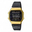 CASIO A168WEGB-1B Reloj Digital Unisex – Caja Dorada, Correa Negra de Acero, Retro Iluminador, Wr