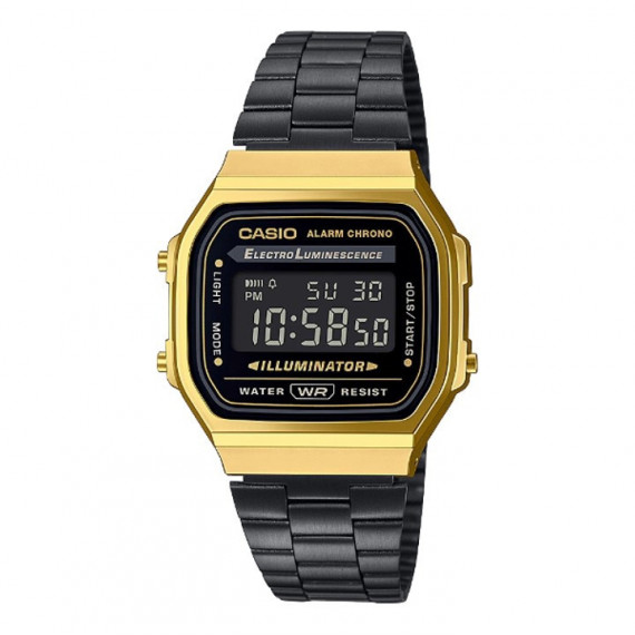 CASIO A168WEGB-1B Reloj Digital Unisex – Caja Dorada, Correa Negra de Acero, Retro Iluminador, Wr