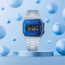 CASIO A168WEM-2B Reloj Digital Unisex – Esfera Azul Metálica, Correa de Acero Inoxidable, Estilo Retro, Wr