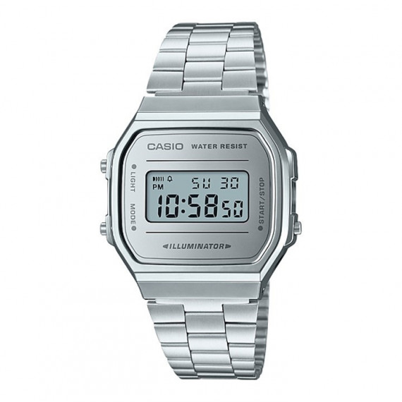 CASIO A168WEM-7 Reloj Digital Unisex – Esfera Espejo Plateada, Correa de Acero Inoxidable, Retro y Resistente Al Agua