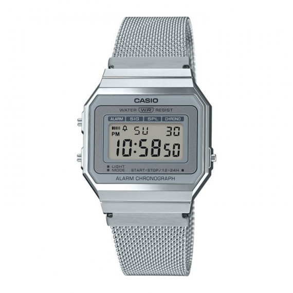 CASIO A700WEM-7A Reloj Digital Retro para Hombre – Acero Inoxidable Plateado, Malla Milanesa, Estilo Vintage, Wr