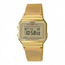 CASIO A700WEMG-9A Reloj Digital Retro Dorado – Malla Milanesa de Acero Inoxidable, Estilo Vintage, Wr