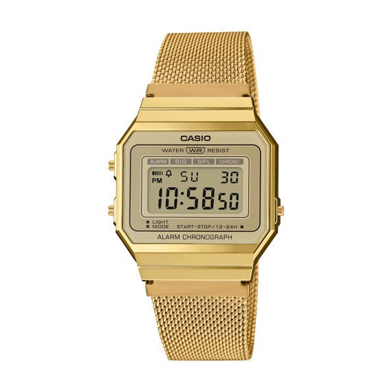 CASIO A700WEMG-9A Reloj Digital Retro Dorado – Malla Milanesa de Acero Inoxidable, Estilo Vintage, Wr
