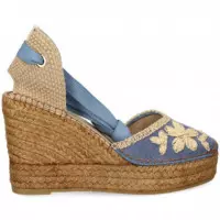 Alpargata Cuña Yute Flores Rafia Azul  ALHAMAS
